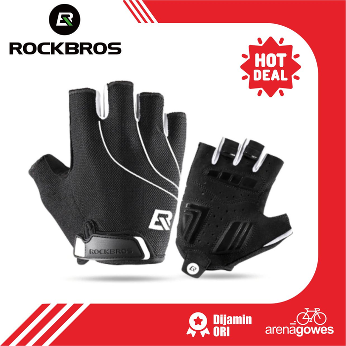 Sarung Tangan Half Cycling Gloves Untuk Road Bike Warna Hitam Rockbros Motif Garis